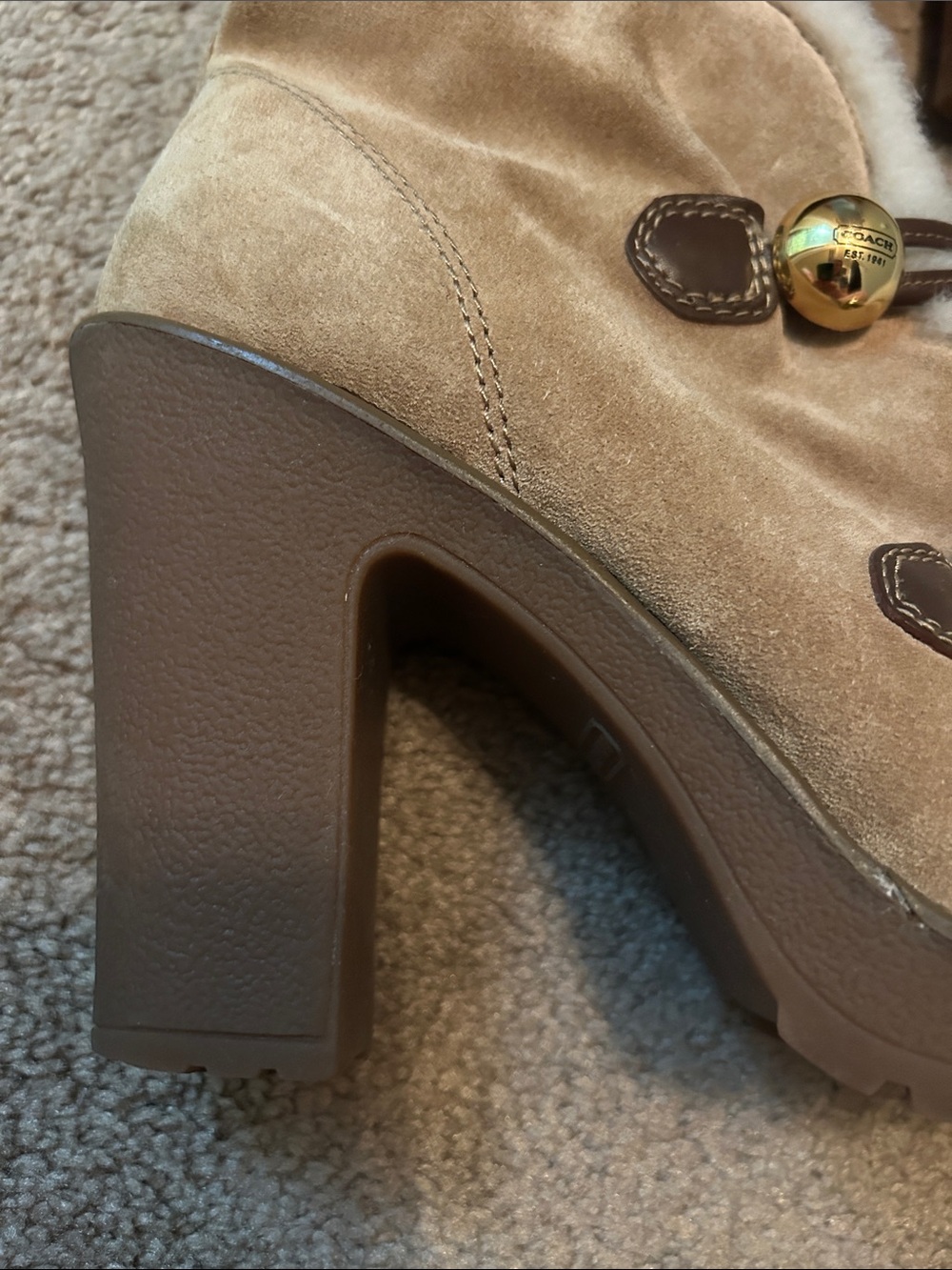 Coach Lenora Tan Suede Shearling-Trim Block Heel Boots - Picture 10 of 10